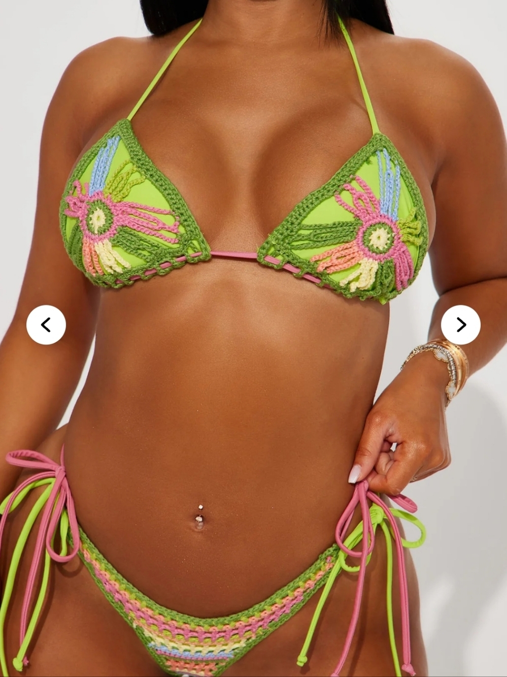 Fashion Nova Crochet Green Floral Tie-Side Bikini